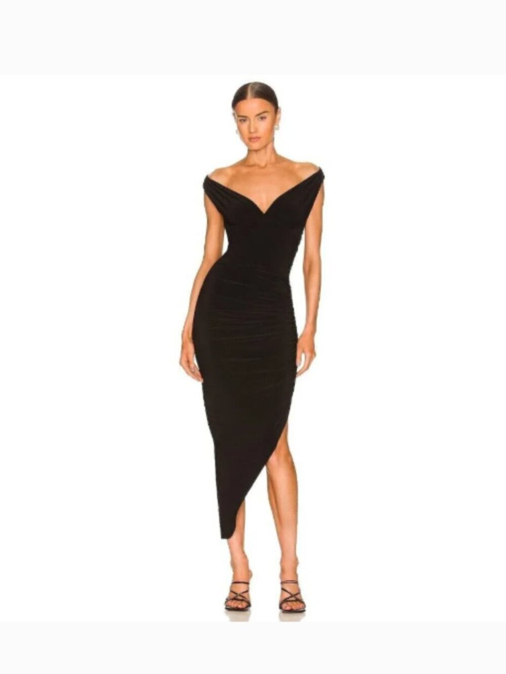 Norma Kamali Tara Side Drape Black Ruched Dress Plunge Sleeveless Bodycon Medium